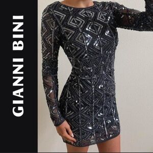 Gianni Bini Navy Sequin Long Sleeve Dress